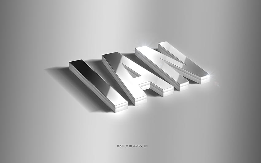 Ian, silver 3d art, gray background, with names, Ian name, Ian greeting card, 3d art, with Ian name HD wallpaper