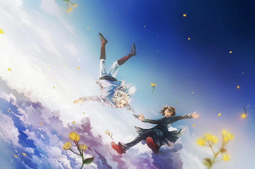 Anime fly boys flower sky clouds ., Flying Anime HD wallpaper