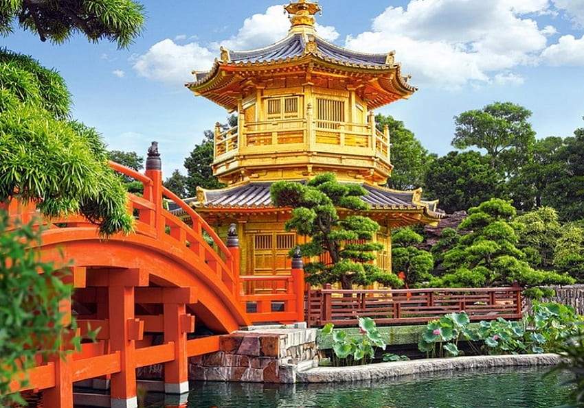 Chinese Park, bridge, trees, river, house HD wallpaper