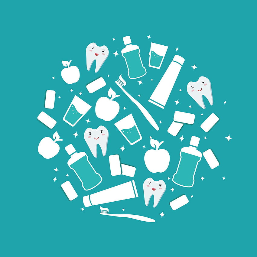 オーラルケア。 歯科用バナー。 毎日のお口の健康を守るアイテム。 ペースト、リンゴ、チューインガム、白い健康な歯を入れたマウスウォッシュと歯ブラシ。 ポスター デザイン。 青色の背景にベクトル分離フラット アイコン 5173024、デンタルケア HD電話の壁紙