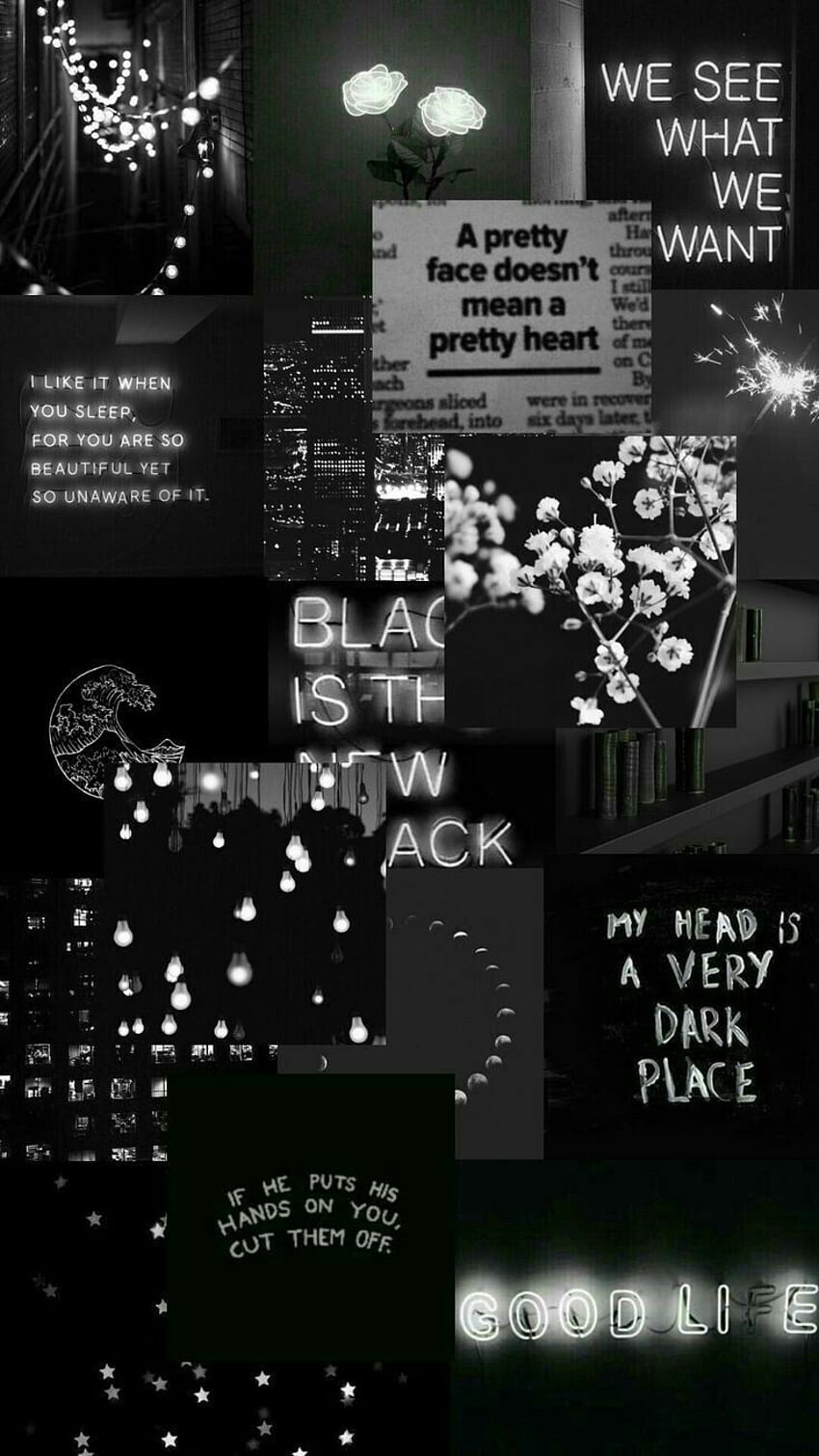 black and white aesthetic moodboard and collage with moody florals and neon signs. gelap, estetika, samsung, Pinterest Black and White HD phone wallpaper
