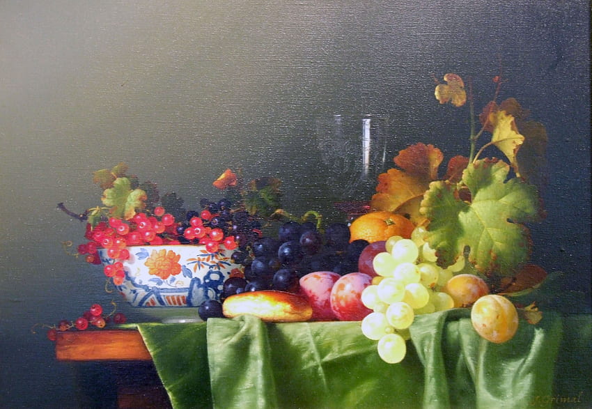 Fruit Life, wooden, table, bun, grapes, plums, orange, purple, leaves, red, vines, glass, cloth, bowl HD wallpaper