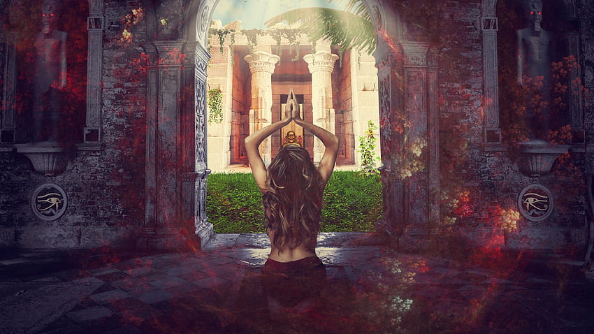 Forest, gate, outdoor, praying girl HD wallpaper