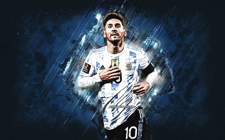 Lionel Messi, Argentina national football team, Argentine footballer, portrait, blue stone background, Argentina, soccer, grunge art HD wallpaper