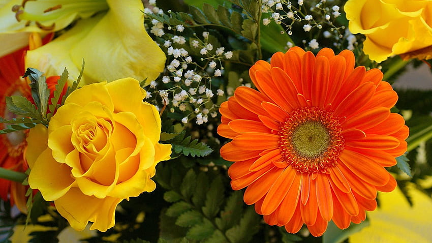 Kwiatowy bukiet ogrodowy, żółty, kwiaty, pomarańcza, płatki, kwiaty, kwiaty Tapeta HD