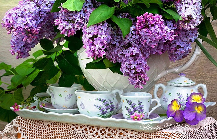 Still life, graphy, tea, floral, spring, small, cups, abstract, petals, grapher, artist, model, art, vase, purple, nature, scent, flowers, porcelain, lilac HD wallpaper