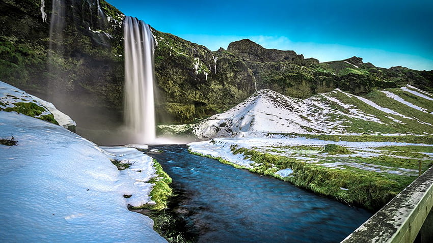 Iceland Seljalandsfoss Waterfall Nature Waterfalls Snow HD wallpaper