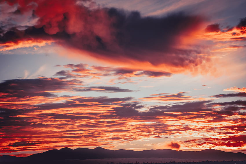 Nature, Sunset, Mountains, Clouds, Fiery HD wallpaper