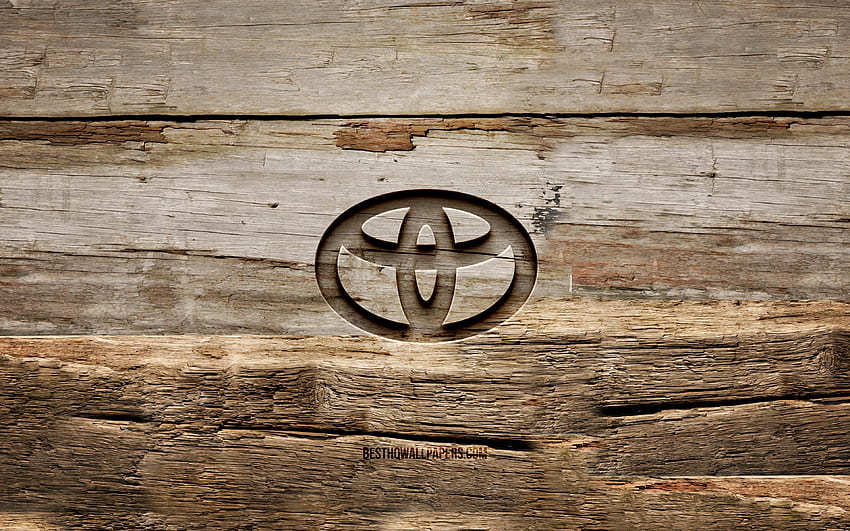 drewniane logo Toyota, drewniane tło, marki samochodów, logo Toyota, kreatywne, rzeźbienie w drewnie, Toyota dla z rozdzielczością. Wysoka jakość Tapeta HD