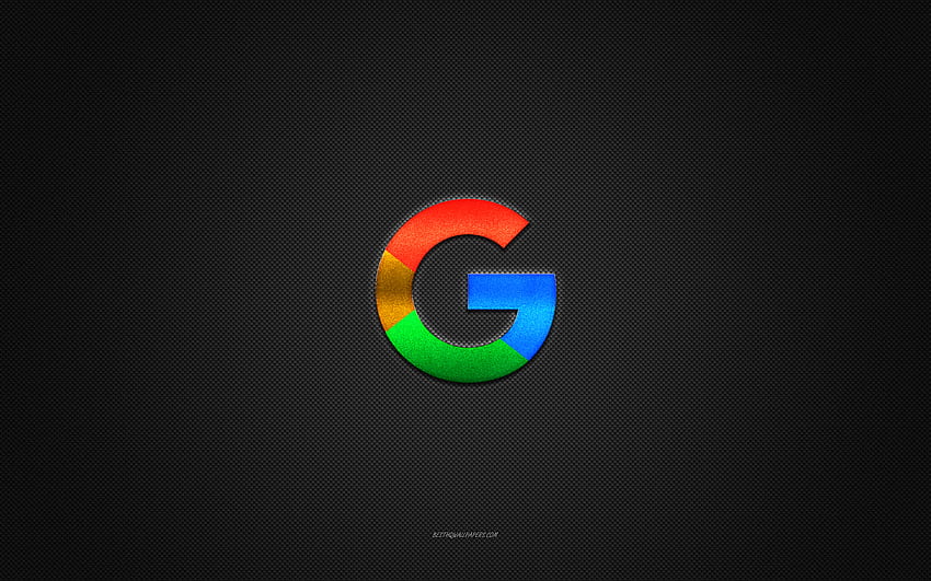 Google-Logo, bunt glänzendes Logo, Google-Metallemblem, graue Kohlefaserstruktur, Google, Marken, kreative Kunst, Google-Emblem HD-Hintergrundbild