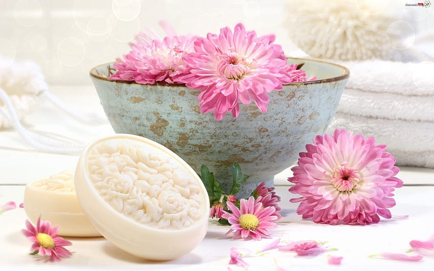 Sent in a Bowl, gray, pink, flowers, bowl, clay HD wallpaper