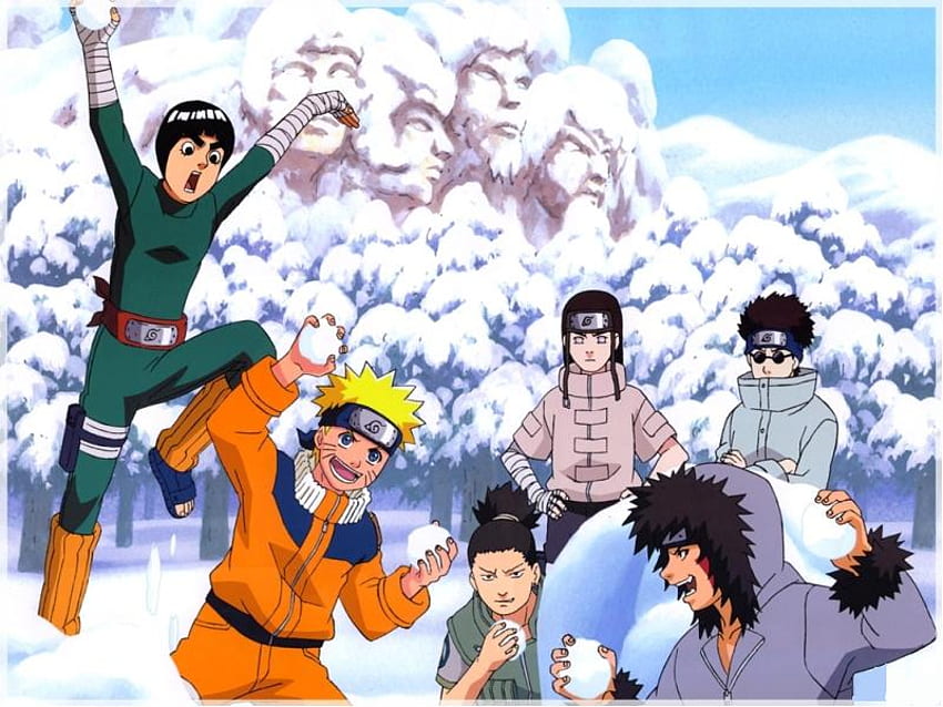pelea de bolas de nieve, shikamaru, anime, nieve, kiba, neji, naruto, rock lee, shino fondo de pantalla