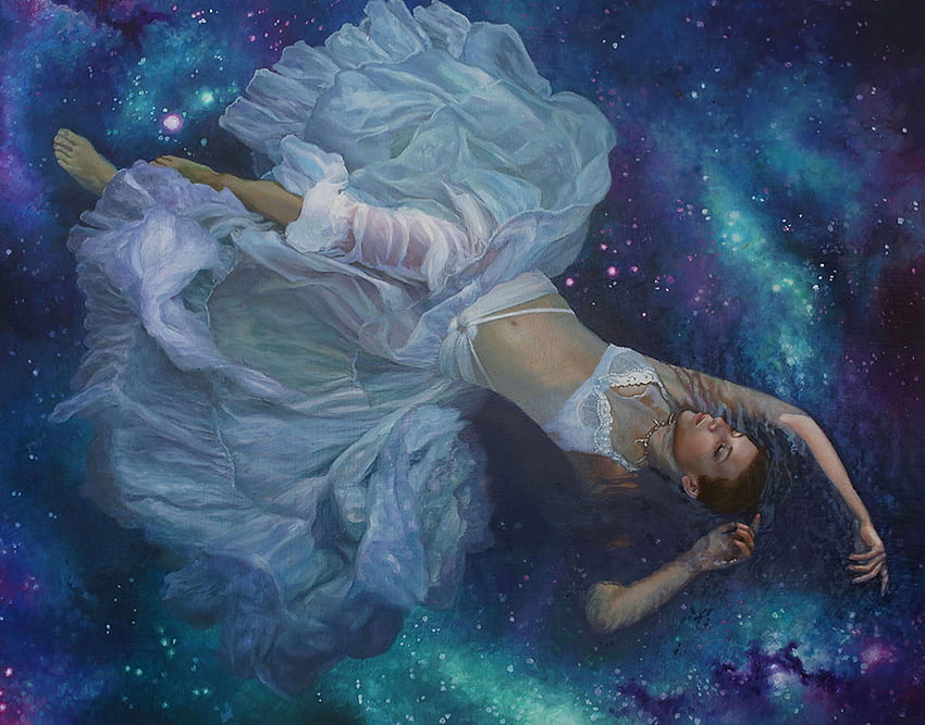 สะท้อน สีน้ำเงิน ขาว frumusete ศิลปะ Alessandra Pisano หญิงสาว ดาว เครื่องแต่งกาย เพ้อฝัน ท้องฟ้า ลูมิโน วอลล์เปเปอร์ HD