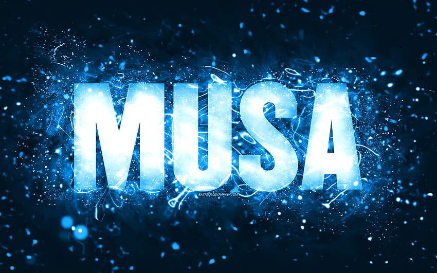Happy Birtay Musa, luci al neon blu, nome Musa, creativo, Musa Happy Birtay, Musa Birtay, famosi nomi maschili americani, con nome Musa, Musa Sfondo HD