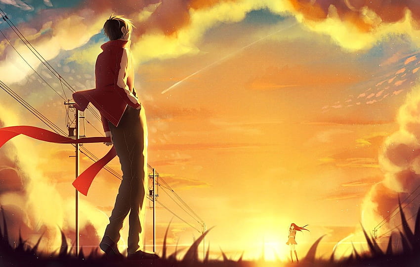 the sky, girl, the sun, clouds, sunset, posts, wire, anime, scarf, art, guy, kagerou project, p.rupon, ayano tateyama, kisaragi shintaro for , section прочее HD wallpaper