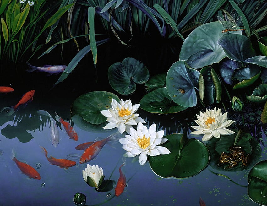 Kolam Taman, karya seni, daun, lukisan, tanaman, teratai, piring, air Wallpaper HD