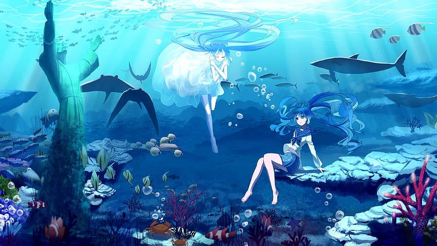 Hatsune Miku, аниме момичета със синя коса, под вода, море, риба U, Ocean Girl Anime HD тапет