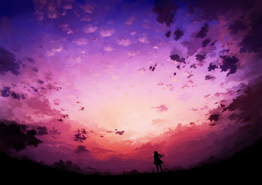 Sunset! I miss you so much!, colorful, shadow, dakr, awesome, long hair, beauty, nice, game, female, sunset, skirt, landscape, beautiful, dark, anime girl, anime, pretty, light, cool, clouds, sky HD wallpaper