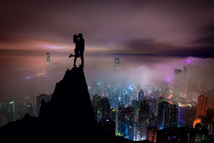 Love, City, Couple, Pair, Silhouettes, Skyscrapers, Hill, Kiss HD wallpaper