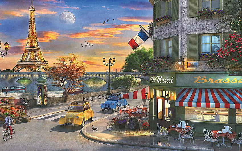 Ein romantischer Abend in Paris, Fluss, Autos, Seine, Häuser, Kunstwerke, digital, Eiffelturm, Brücke, Straße, Himmel, Sonnenuntergang HD-Hintergrundbild