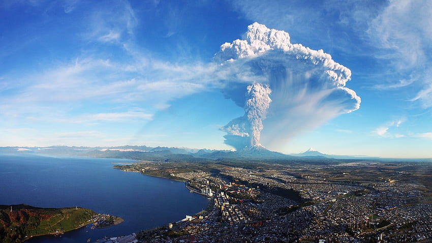 изригване на вулкан Калбуко в Чили, град, вулкан, изригване, планини, панорама, езеро HD тапет