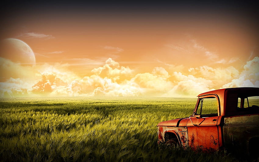 vecchia macchina, natura, paesaggio, rosso, verde, luna / e mobile Sfondo HD