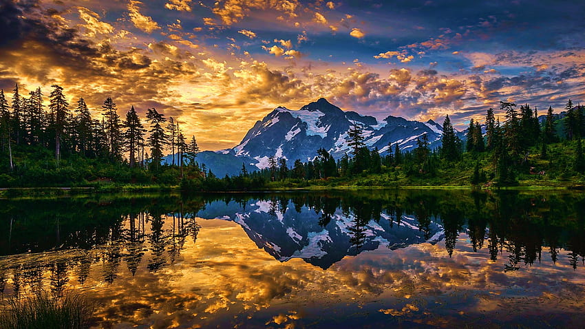 Lake with Mount Shuksan, North Cascades, Washington, trees, clouds, colors, sky, usa, sunset, reflections, lake, landscape HD wallpaper