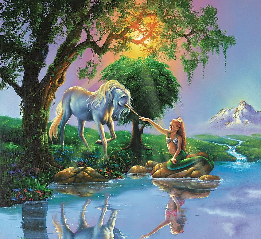 Unicorn and mermaid, blue, mermaid, fantasy, art, green, unicorn, water, siren, sunset HD wallpaper