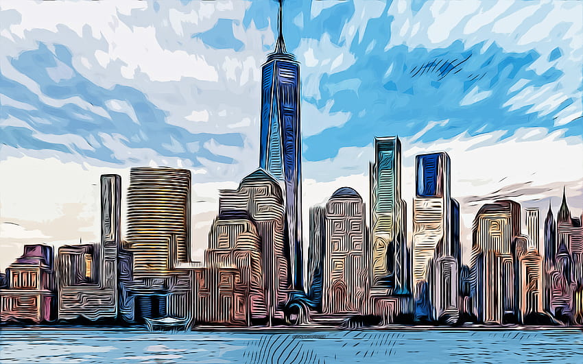 One World Trade Center, Nowy Jork, dom Tower, , sztuka wektorowa, rysunek One World Trade Center, sztuka twórcza, sztuka One World Trade Center, rysunek wektorowy, abstrakcyjne pejzaże miejskie, sztuka Nowego Jorku, USA Tapeta HD