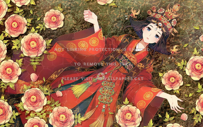 empress red flowers oriental anime HD wallpaper