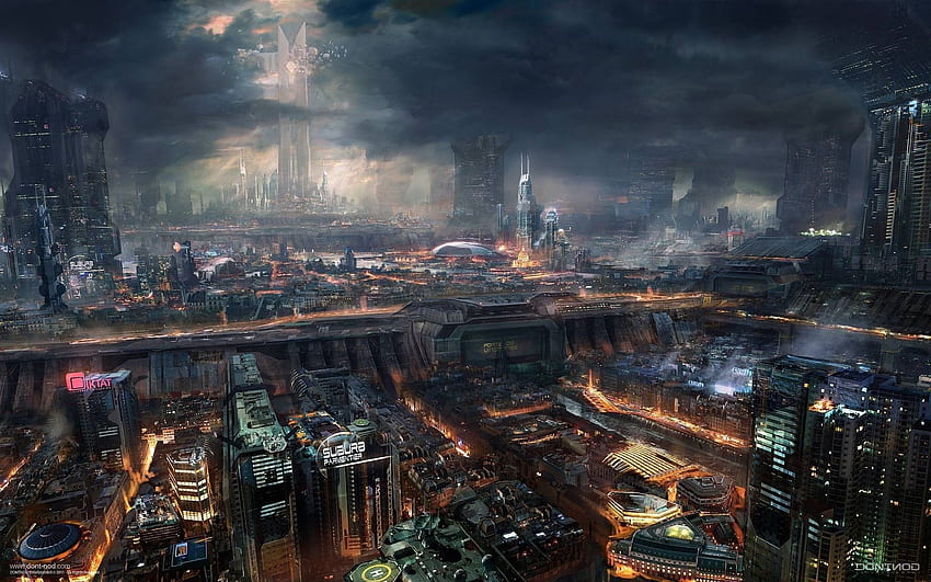 Download wallpaper 1366x768 city, futurism, cyberpunk, sci-fi, dark tablet,  laptop hd background