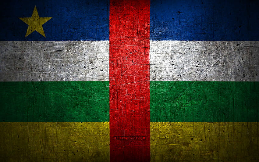 Central African Republic metal flag, grunge art, African countries, Day of Central African Republic, national symbols, Central African Republic flag, metal flags, Flag of Central African Republic, Africa, Central African Republic HD wallpaper