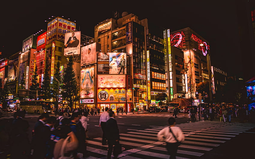 東京、交差点、夜景、日本の都市、アジア、日本、横断歩道、高層ビル、近代都市 高画質の壁紙