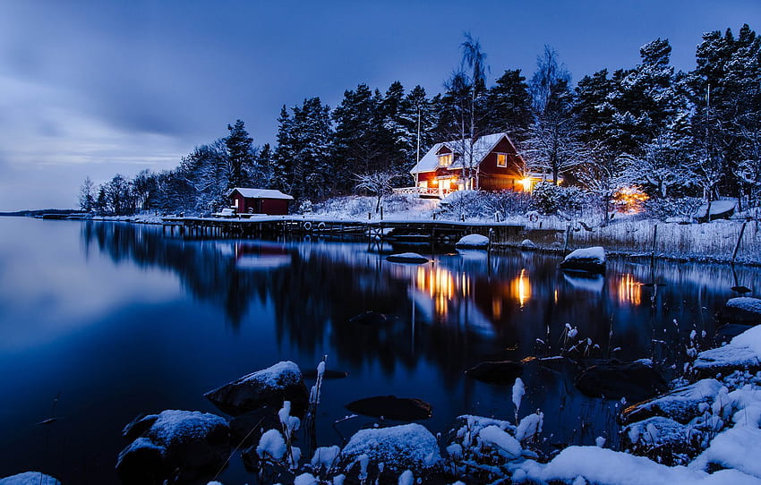 winter, forest, water, snow, trees, night, house, reflection, the evening, Sweden, Stockholm for , section пейзажи HD wallpaper