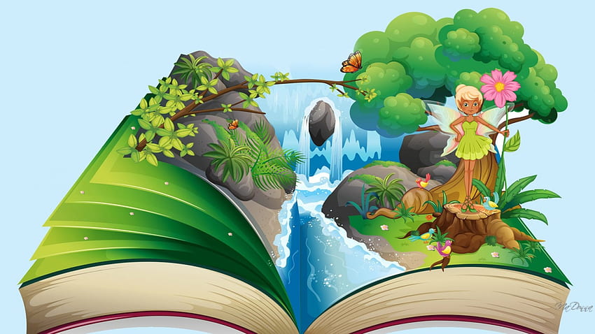 Земя на приказните цветя, прочетете, птици, градина, приказка, фея, история, пеперуди, книга, водопад, природа HD тапет
