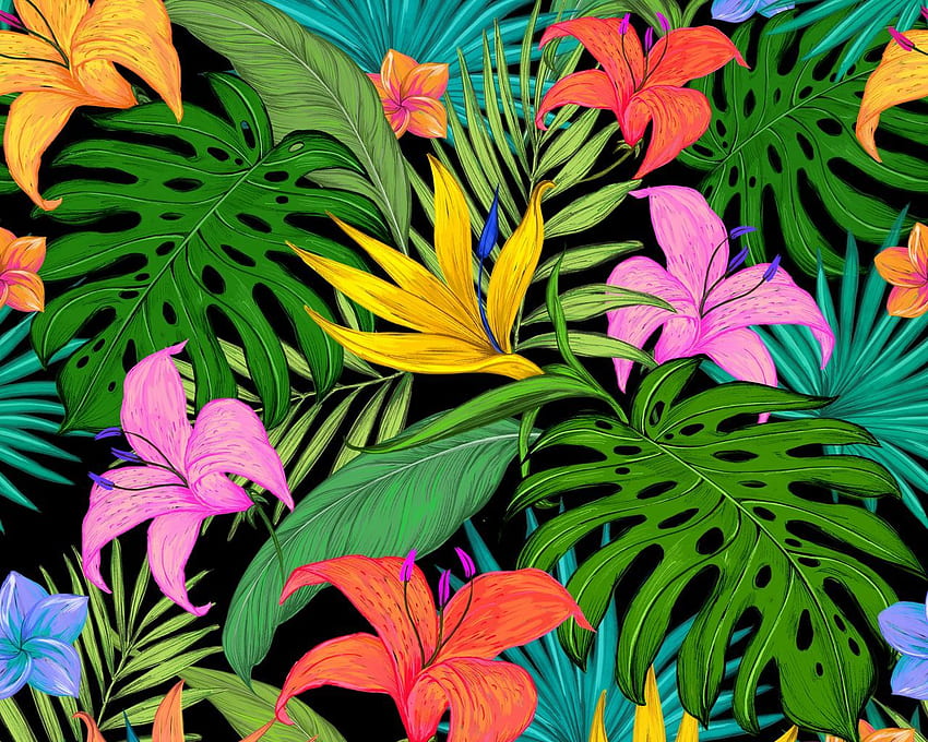 pattern, tropical, flowers, leaves, lilies, palm leaves, colored standard 5:4 background, 1280X1024 Tropical HD wallpaper