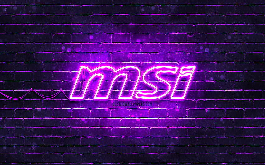 MSI виолетово лого, , виолетова тухлена стена, MSI лого, марки, MSI неоново лого, MSI HD тапет