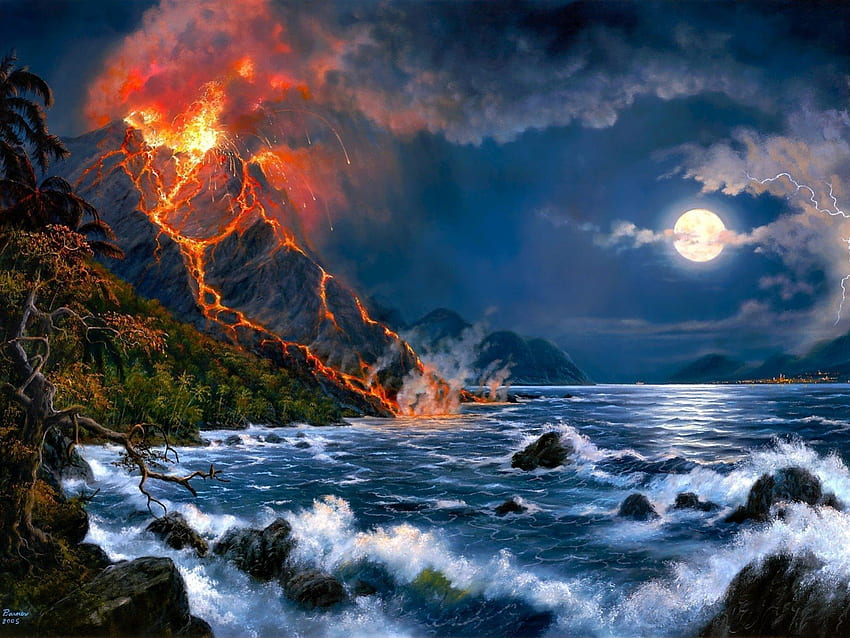 erupção de um vulcão, mar, fogo, erupção, vulcão papel de parede HD