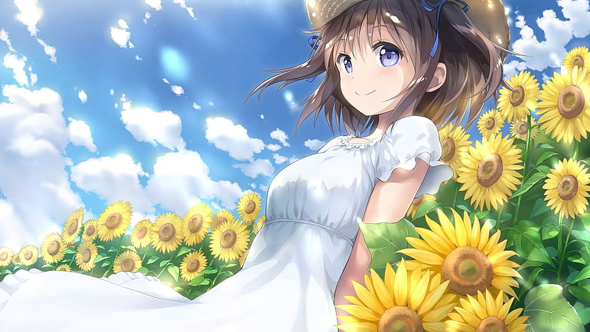 Sunflowers, Summer, Dress, Short Hair, Anime Girl HD wallpaper