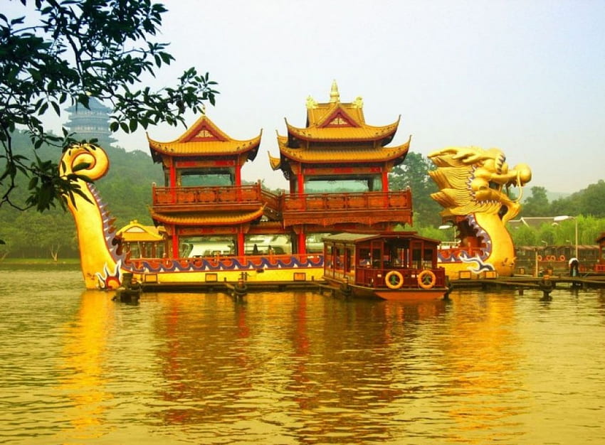 Chinese Dragon Boat, dragons, water, Chinese, boats HD wallpaper