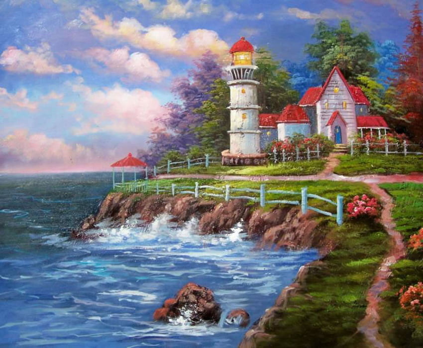 Lighthouse Cottage, lighthouse, cottage, painting, ocean HD wallpaper