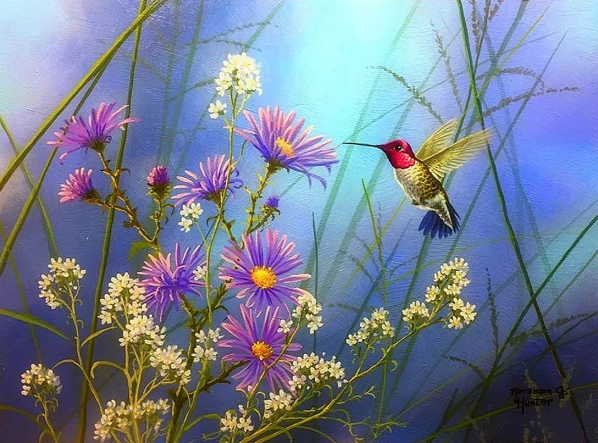 Sugar Rush, burung, bunga liar, atraksi dalam mimpi, lukisan, musim semi, cinta empat musim, binatang, burung kolibri, alam Wallpaper HD