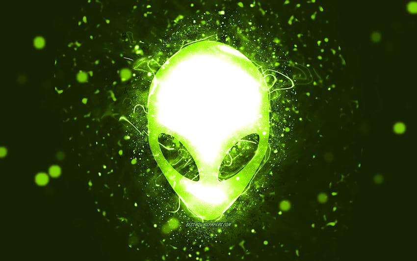 Лого на Alienware, лайм, неонови светлини, креативен, лайм абстрактен фон, лого на Alienware, марки, Alienware HD тапет