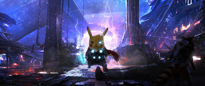 Pikachu, Thor: Ragnarok, Avengers Endgame, salto, anime, Cool Thor Lightning fondo de pantalla