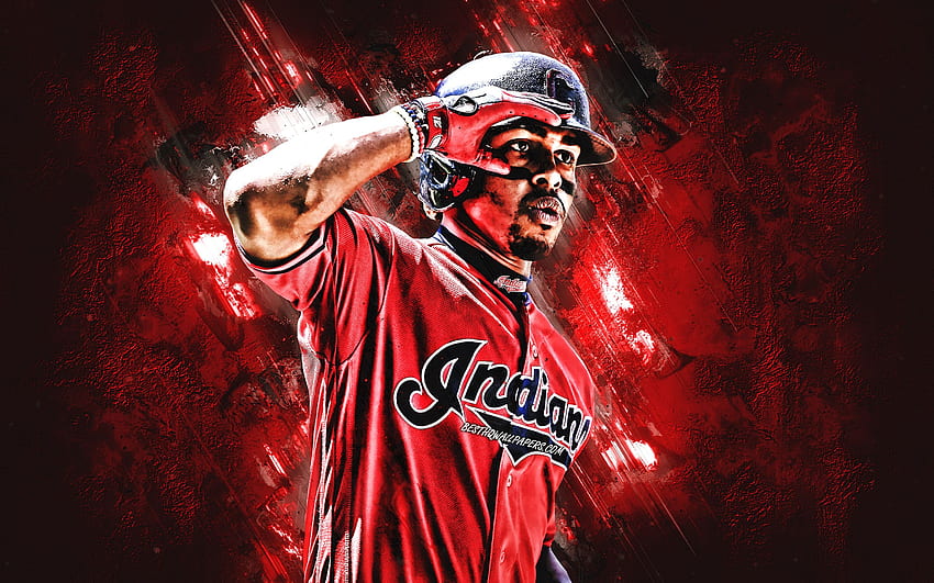 Франсиско Линдор, Cleveland Indians, MLB, пуерторикански бейзболен играч, портрет, фон от червен камък, бейзбол, Мейджър лийг бейзбол за с разделителна способност. Високо качество, MLB бейзбол HD тапет