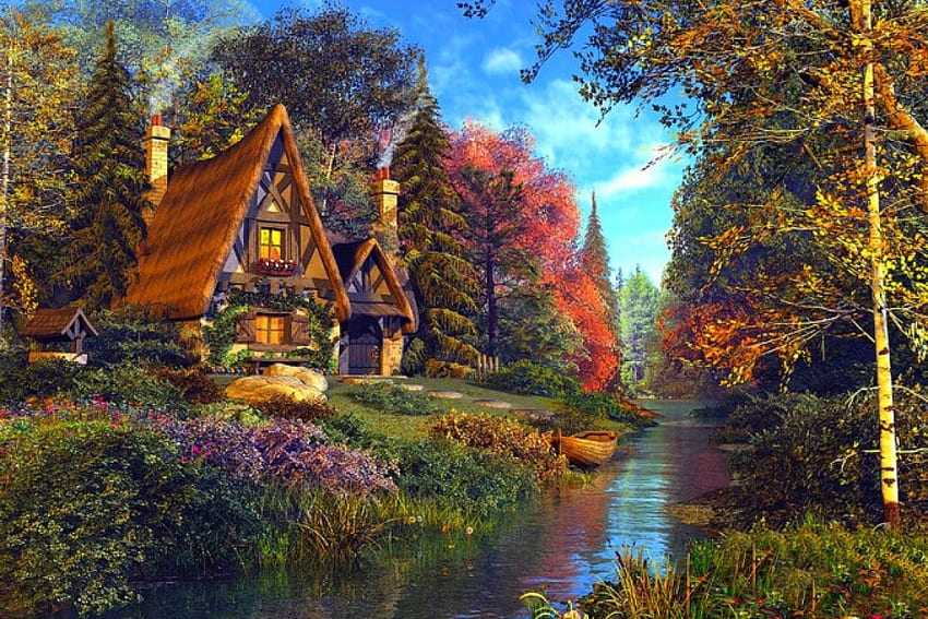 Cottage Beside The River, river, boat, architecture, garden, colors, beautiful, grass, trees, autumn, flowers, cottage, lovely, foliage HD wallpaper