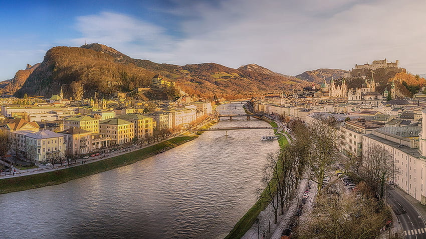 Salzburg Austria Canal Mountains Rivers Cities HD wallpaper