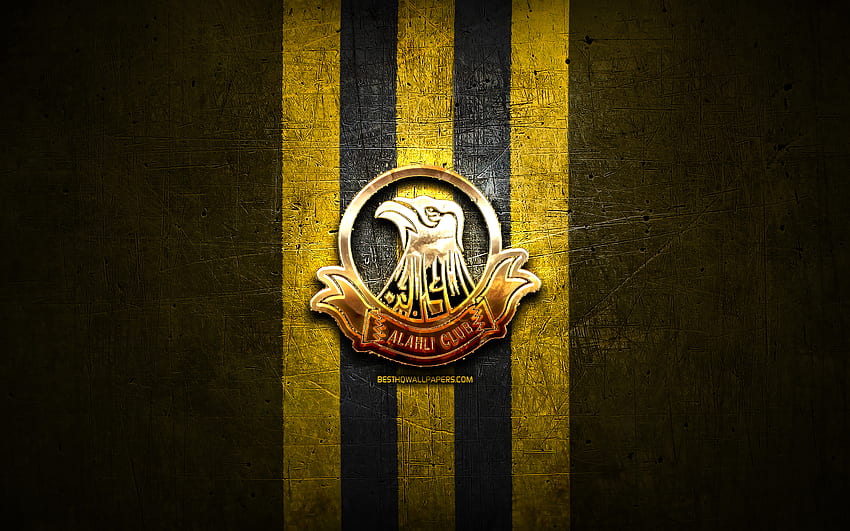 Al-Ahli SC, golden logo, Bahraini Premier League, yellow metal background, football, Bahraini football club, Al-Ahli SC logo, Al-Ahli Club of Manama, soccer, Al-Ahli Club, Al-Ahli Manama FC HD wallpaper