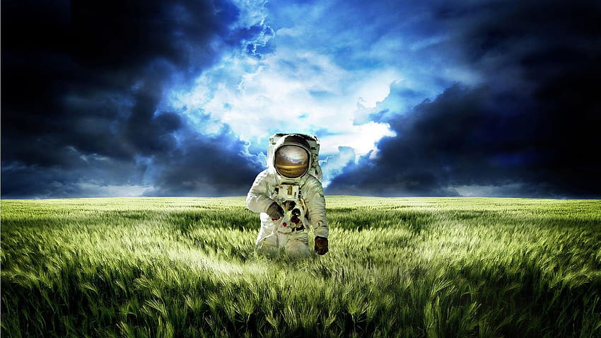 digital Art, Astronaut, Helmet, Space Suit, Nature, Field, Spikelets, Clouds, Manipulation, Gloves / and Mobile Background HD wallpaper