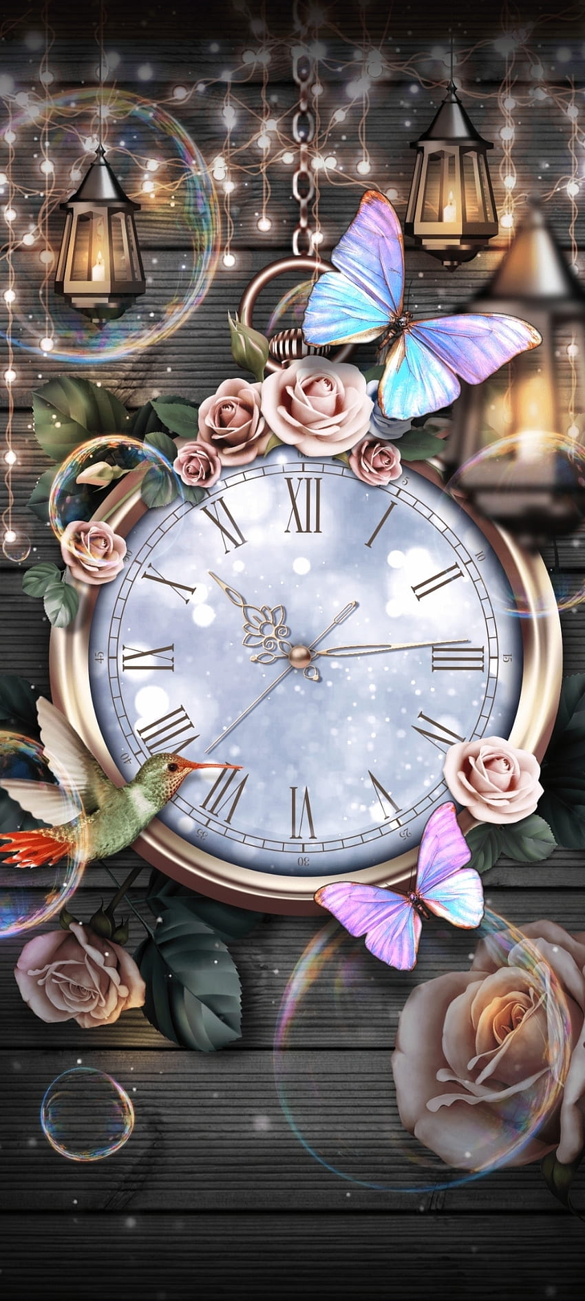 Winter Time, beautiful, art, flowers, pink, light, butterfly, luxury, clock HD phone wallpaper